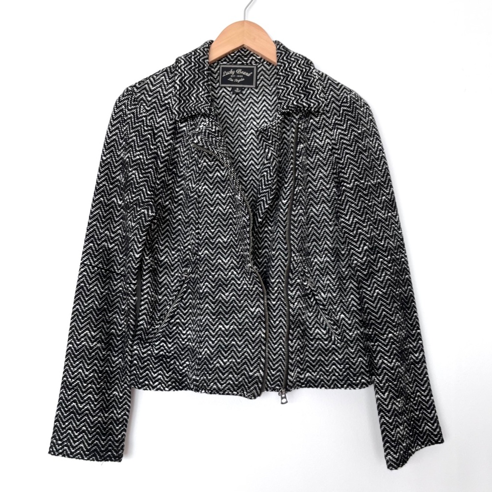 Lucky Brand Black Herringbone Tweed Moto Sweater Jacket - Picture 6 of 8